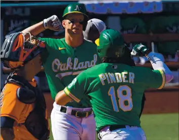  ?? HARRY HOW — GETTY IMAGES ?? The A’s Chad Pinder, right, celebrates with Mark Canha after hitting a solo home in Game 2 of the ALDS on Tuesday.