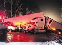  ?? THE CANADIAN PRESS ?? Twenty-nine people are in hospital after large buses, tractor-trailer trucks and smaller vehicles collided on an icy stretch of the Coquihalla Highway about 150 kilometres east of Vancouver.