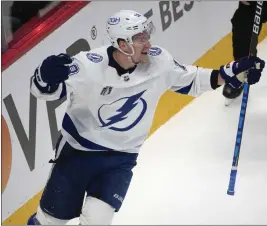  ?? DAVID ZALUBOWSKI — THE ASSOCIATED PRESS ?? The Lightning’s Ondrej Palat celebrates after scoring the go-ahead goal against the Avalanche with 6:22 remaining in Game 5 on Friday in Denver. Game 6 is Sunday in Tampa.