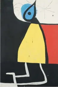  ??  ?? joan miró
| Qui sopra, «Donna» (1938) matita colorata, pastello, inchiostro di china e guazzo su carta, collezione privata © Successió Miró by SIAE 2016; qui accanto, «Donna nella notte» (1973) pittura acrilica su tela, Barcellona, Fundació Joan Miró...