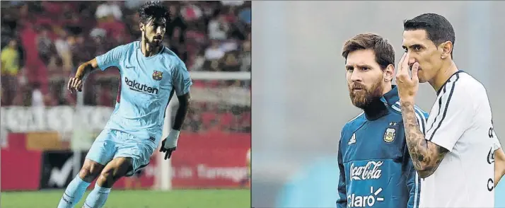  ?? FOTOS: PEP MORATA/EFE ?? André Gomes, en la rampa de salida del Barça; ¿Di María, en la de entrada? Quizás el extremo argentino del PSG habló de eso con su amigo Leo Messi en la sesión de ayer de la selección argentina en Ezeiza