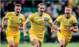 ?? Photograph: PressFocus/MB Media/Getty Images ?? Mykhailo Mudryk celebrates scoring the winning goal for Ukraine to seal their passage into Euro 2024.