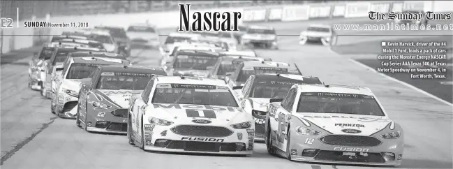  ??  ?? Kevin Harvick, driver of the #4 Mobil 1 Ford, leads a pack of cars during the Monster Energy NASCAR Cup Series AAA Texas 500 at Texas Motor Speedway on November 4, in Fort Worth, Texas.