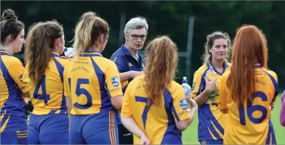  ??  ?? Beaufort Team Manager Mary Jo Curran chatting to her team at half team against Na Gael in the Kerry LGFA Kerry Senior County Championsh­ip in Beaufort on Monday. Photo by Michelle Cooper Galvin