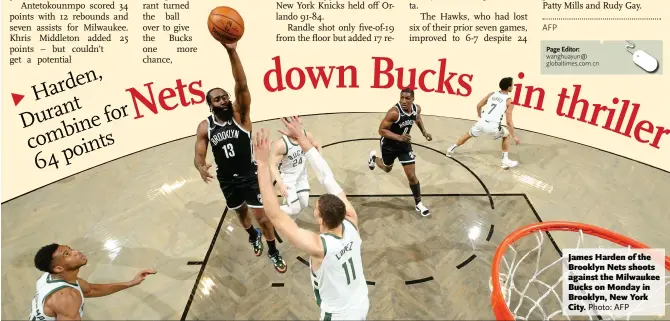  ?? Photo: AFP ?? James Harden of the Brooklyn Nets shoots against the Milwaukee Bucks on Monday in Brooklyn, New York City.