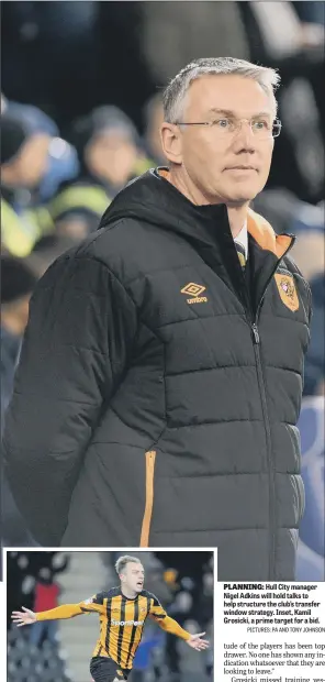  ?? PICTURES: PA AND TONY JOHNSON ?? PLANNING: Hull City manager Nigel Adkins will hold talks to help structure the club’s transfer window strategy. Inset, Kamil Grosicki, a prime target for a bid.