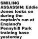  ??  ?? SMILING ASSASSIN: Eddie Jones looks on during the captain’s run at England’s Pennyhill Park training base yesterday