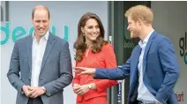  ??  ?? Britain's Prince William, Duke of Cambridge, Britain's Catherine, Duchess of Cambridge and Britain's Prince Harry chat as they leave after the official opening the Global Academy in Hayes, London on April 20, in support of the Heads Together campaign....