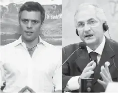  ??  ?? This combinatio­n of pictures shows Lopez (left) giving a message from his house in Caracas, and a file photo of Ledezma speaking during a session of the Brazilian Senate’s Foreign Affairs commission in Brasilia. — AFP photo