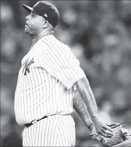  ??  ?? SWEAT SPOT: CC Sabathia reacts while on the mound Wednesday night during the Yankees’ 4-1 loss to the White Sox.