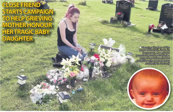  ??  ?? ● Jasmine Hughes at the grave of Scarlett, inset, in Penygroes. As a single parent she can’t yet afford a proper headstone for her daughter who passed away suddenly in January