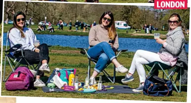  ??  ?? Capital day out: Sunseekers make the most of the weather on Primrose Hill, top, while three friends picnic on Wimbledon Common, above