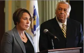  ?? NANCY LANE — BOSTON HERALD ?? Gov. Maura Healey and House Speaker Ron Mariano speak to the media after a leadership meeting Monday.