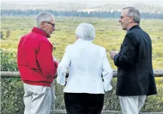  ?? BRENNAN LINSLEY/ASSOCIATED PRESS ?? Federal Reserve Chair Janet Yellen, centre, Stanley Fischer, left, vice chairman of the Board of Governors of the Federal Reserve System, and Bill Dudley, the president of the Federal Reserve Bank of New York, speak before Yellen’s speech at the annual...