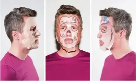  ??  ?? Multi-masking … Justin Myers tries a variety of face masks. Photograph: Sarah Lee/The Guardian