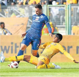  ?? Picture: LEFTY SHIVAMBU/ GALLO IMAGES ?? TOUGH TUSSLE : Bradley Grobler, of SuperSport United, and Siyabonga Ngezana, of Kaizer Chiefs, in action during their MTN8 semifinal firstleg match at the Lucas Moripe Stadium in Pretoria on Sunday.
