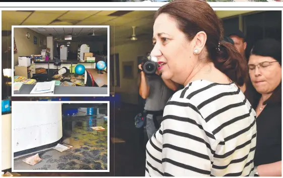  ?? Picture: SHAE BEPLATE ?? MOULDY MESS: Premier Annastacia Palaszczuk and Education Minister Grace Grace inspect the flood-damaged Oonoonba State School.