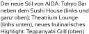  ??  ?? Der neue Stil von AIDA: Tokyo Bar neben dem Sushi House (links und ganz oben); Theatrium Lounge (links unten); neues kulinarisc­hes Highlight: Teppanyaki Grill (oben)