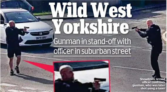  ??  ?? Showdown: Armed officer confronts gunman, who was later shot using a taser