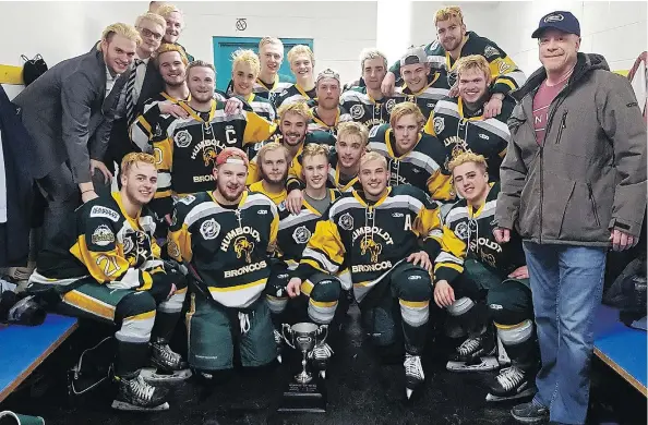  ?? — THE CANADIAN PRESS ?? Members of the Humboldt Broncos junior hockey team on March 24. Today half of them are dead and the rest are injured to varying degrees after a semi-trailer slammed into their team bus on a Saskatchew­an highway on Friday evening.