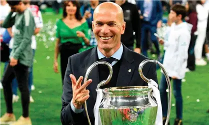  ??  ?? Three and easy: Zidane with the European Cup after the victory over Liverpool last year, a third successive triumph. Photograph: Genya Savilov/AFP/Getty Images