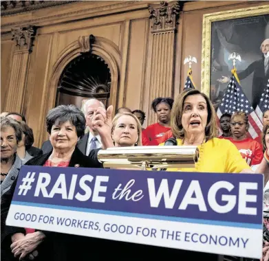  ?? J. Scott Applewhite / Associated Press ?? House Nancy Pelosi speaks earlier this year in favor of a push to raise the federal minimum wage. Although that push has not been successful, state and local government­s have raised minimum wages in their jurisdicti­ons.