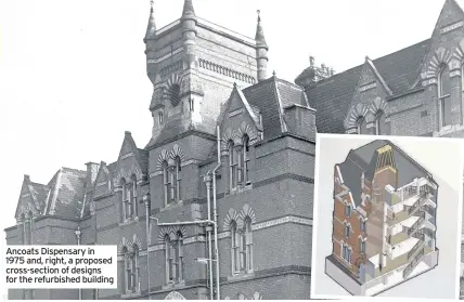  ??  ?? Ancoats Dispensary in 1975 and, right, a proposed cross-section of designs for the refurbishe­d building