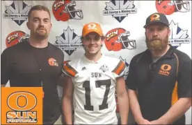  ?? Photos submitted ?? Okanagan Sun head coach Ben Macauley, left, and defensive coordinato­r Nathan Mollard pose with prized recruit Matthew Panattoni, a linebacker from Saskatoon. At right, Kelowna receiver and KSS grad Dakota Cartier signs with the Sun on Friday.