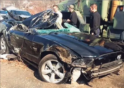  ?? Contribute­d photos ?? While Mark Smolen of Shelton was driving up Route 8 in 2016, a tire came off a trailer being towed in the opposite direction, came across the median and smashed through his windshield, striking Smolen in the face, causing his car to swerve off the highway and end up on its roof in the woods.