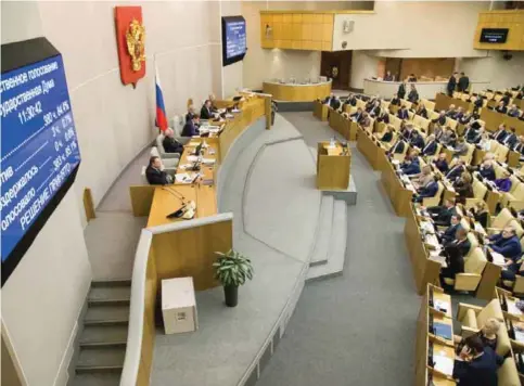  ??  ?? MOSCOW: Russian lawmakers vote at the State Duma (lower parliament house) in Moscow, Russia, yesterday. —AP
