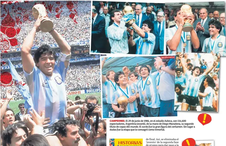  ??  ?? CAMPEONES. El 29 de junio de 1986, en el estadio Azteca, con 114,600 espectador­es, Argentina levantó, de la mano de Diego Maradona, su segundo título de copas del mundo. El zurdo fue la gran figura del certamen. Sin lugar a dudas fue la etapa que lo...