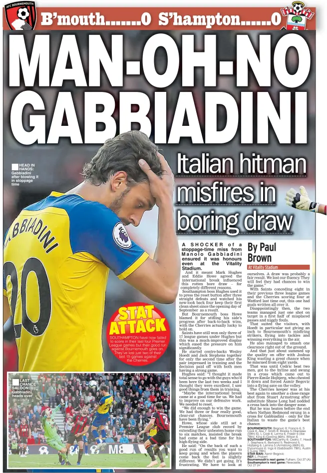  ??  ?? ■HEAD IN HANDS: Gabbiadini after blowing it in stoppage time ■LAST CHANCE SALOON: Gabbiadini heads over