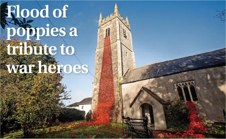  ?? SWNS ?? > Top, the poppies cascading down the church tower; above, Susie and Graham Dunn inside the church; left, the plaque commemorat­ing the three soldiers; above right, Arthur Piper and, right, his brother William