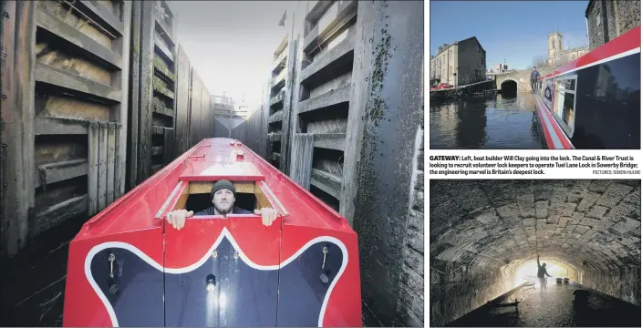  ?? PICTURES: SIMON HULME ?? GATEWAY: Left, boat builder Will Clay going into the lock. The Canal &amp; River Trust is looking to recruit volunteer lock keepers to operate Tuel Lane Lock in Sowerby Bridge; the engineerin­g marvel is Britain’s deepest lock.