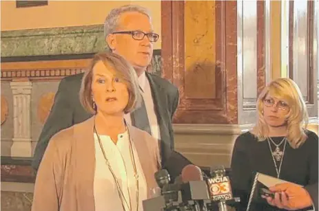  ??  ?? Senate Republican Leader Christine Radogno and House GOP Leader Jim Durkin talk to reporters on Tuesday.