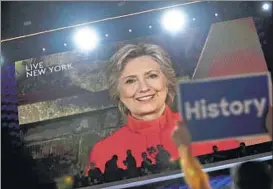  ??  ?? Hillary Clinton addresses the Democratic National Convention via a live video feed on Tuesday. REUTERS