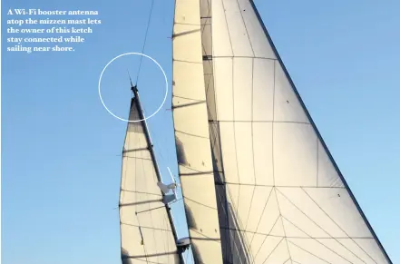  ??  ?? A Wi-fi booster antenna atop the mizzen mast lets the owner of this ketch stay connected while sailing near shore.