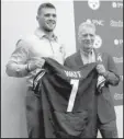  ?? AP/KEITH SRAKOCIC ?? Houston Texas defensive end J.J. Watt texted his former college teammate Antonio Brown after the Steelers drafted T.J. Watt (left), asking Brown to make sure the Steelers treat his little brother rough.