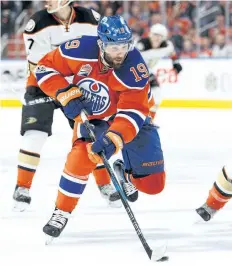  ?? CODIE MCLACHLAN/GETTY IMAGES ?? Edmonton Oilers’ forward Patrick Maroon is pursued by Ryan Kesler, of the Anaheim Ducks, in Game 6 of the Western Conference Second Round during the 2017 NHL Stanley Cup Playoffs at Rogers Place on Sunday, in Edmonton.