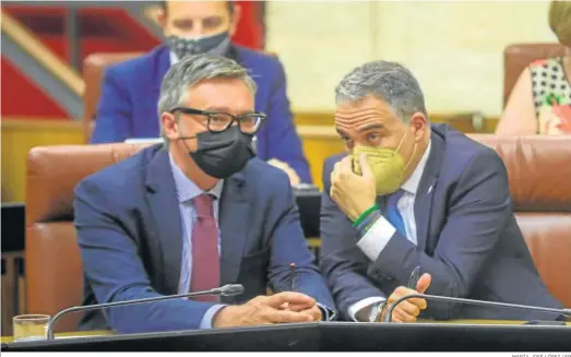  ?? MARÍA JOSÉ LÓPEZ / EP ?? Elías Bendodo conversa con el portavoz de Vox, Manuel Gavira, ayer durante un momento del Pleno en el Parlamento.