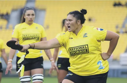  ?? GETTY IMAGES ?? Leilani Perese of the Hurricanes Poua leads a haka during the round two Super Rugby Aupiki match between against Matatu in Wellington on Saturday. The reference to a “redneck Government” was removed, but the haka nonetheles­s caused controvers­y.