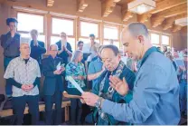  ?? EDDIE MOORE/ JOURNAL ?? Zen Master Yamada Ryoun Roshi, from Japan, and local Associate Zen Master Henry Shukman rededicate Santa Fe’s Mountain Cloud Zen Center in a ceremony Thursday afternoon, part of the celebratio­n of the center’s 31st birthday.