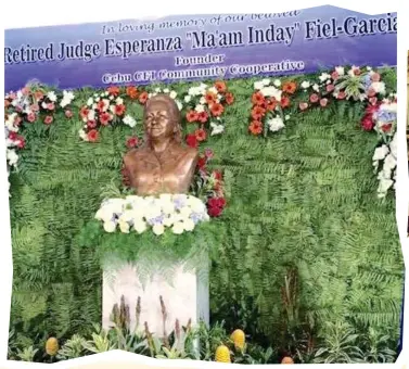  ??  ?? BRONZE LIKENESS. After the unveiling of the bronze bust of Cebu CFI Community Cooperativ­e founder, the late Judge Esperanza Garcia, at the lobby of the CCFICC headquarte­rs at the Capitol Compound.