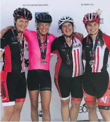  ?? SCOTT LIVINGSTON ?? Active moms Wendy Hunt, left, Kelly Christie, Corinna Wilson and Jaime Sochasky-Livingston celebrate after completing a 102-kilometre bicycle road race in September.