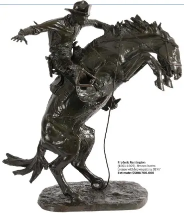  ??  ?? Frederic Remington (1861-1909), Bronco Buster, bronze with brown patina, 324/5” Estimate: $500/700,000