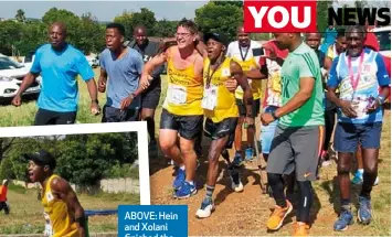  ??  ?? ABOVE: Hein and Xolani finished the 2016 Wally Hayward Marathon in Centurion. RIGHT: Xolani ran the race on crutches.