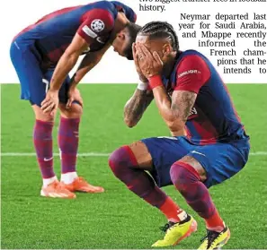  ?? afp ?? Home meltdown: Barcelona’s raphinha (front) and a teammate react after their loss. —