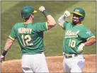  ?? ERIC RISBERG — THE ASSOCIATED PRESS ?? Oakland’s Marcus Semien, right, celebrates after hitting a two-run home run that scored Sean Murphy, left, on Wednesday.