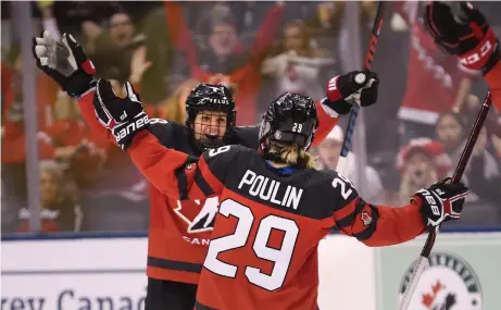  ?? RICHARD LAUTENS TORONTO STAR FILE PHOTO ?? Laura Fortino celebrates her goal with Marie-Philip Poulin during a national team hockey game against the U.S. on Feb. 14, 2019. At 30 years of age, Fortino should be in the prime of her career, but the pandemic is killing it.