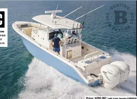  ??  ?? SPECS: LOA: 34'4" BEAM: 11'2" DRAFT: 2'0" (hull) DRY WEIGHT: 10,560 lb. (rigged, with engines) SEAT/WEIGHT CAPACITY: Yacht Certified FUEL CAPACITY: 320 gal.
HOW WE TESTED: ENGINES: Twin Yamaha 425 XTO DRIVE/PROPS: XTO Offshore 163/8" x 21" stainless steel GEAR RATIO: 1.79:1 FUEL LOAD: 125 gal. CREW WEIGHT: 640 lb.